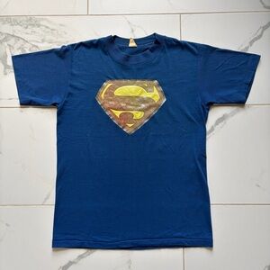 Vintage 1970s 70s Superman T Shirt Tee Size M Blue Glitter Press Logo